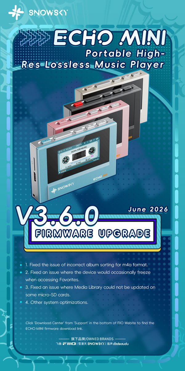 SNOWSKYofficial's tweet photo. New firmware updates for ECHO MINI, ECHO and ECHO NANO are now available!

How to update the firmware for ECHO MINI: 

1. Unzip the file and copy the HIFIECxxx.img file to the root directory of the ECHO MINI's internal memory. Safely eject the device and restart it to begin the automatic upgrade.  
2. If you encounter any issues, please feel free to contact us.  
Note: Please remove the SD card from ECHO MINI before updating the firmware.
SNOWSKY ECHO MINI V3.6.0 firmware download link: 
https://t.co/7FeJIp3x1S

How to update the firmware for ECHO: 

1. Unzip the file and copy the ECHOVxxx.img file to the root directory of the ECHO's internal memory. Safely eject the device and restart it to begin the automatic upgrade.  
2. If you encounter any issues, please feel free to contact us.  
SNOWSKY ECHO v1.6.0 firmware download link: 
https://t.co/WhKPcaiMP4

How to update the firmware for ECHO NANO: 

1. Unzip the file and copy the xxx.img file to the root directory of the ECHO NANO's internal memory. Safely eject the device and restart it to begin the automatic upgrade.  
2. If you encounter any issues, please feel free to contact us.  
Note: Please remove the SD card from ECHO NANO before updating the firmware.
SNOWSKY ECHO NANO v1.3.0 firmware download link: 
https://t.co/0D7MviO01j

#FIIO #SNOWSKY #FirmwareUpgrade #FirmwareUpdate #ECHO #ECHOMINI #ECHONANO #MusicPlayer #MP3 #Player #AudioPlayer #Music