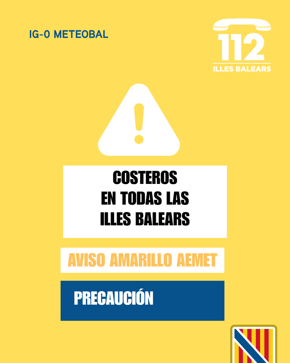 Emergencies_112's tweet photo. ⚠️ Actualización de las alertas del Plan #Meteobal por meteorología adversa.
🟡 Activada la alerta amarilla (IG-0) por fenómenos costeros 🌊 en todas las Illes Balears.
Desde Emergencias os pedimos que mantengáis la precaución y sigáis nuestras recomendaciones.
Si sufrís cualquier emergencia, llamad al 112 📞
💭 Podéis seguir los avisos por horas en el canal oficial de @AEMET_Baleares
➡️ https://t.co/CHDLziWCWs