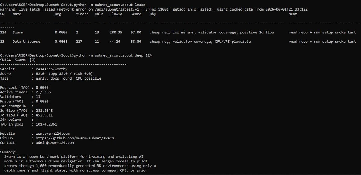 crypt_jeff1's tweet photo. This is exactly why we’re building a subnet scouting CLI.

The tool will let you run checks on any subnet before registering:

• registration cost
• hardware requirements
• validator reward logic
• miner/owner concentration
• emissions distribution
• repo activity
• setup complexity
• capital or latency requirements
• “can I actually mine this on my current setup?”

Because the expensive part is not always registration.

Sometimes the real cost is hidden in the game the validator is rewarding.

A subnet can look cheap from the outside, then you inspect the code and realize it needs inventory, collateral, low-latency execution, or an edge you don’t have.

The goal is simple:

before spending TAO, know whether you have a realistic path to earning.

Cheap registration ≠ cheap mining.

https://t.co/0i3H1qdmno