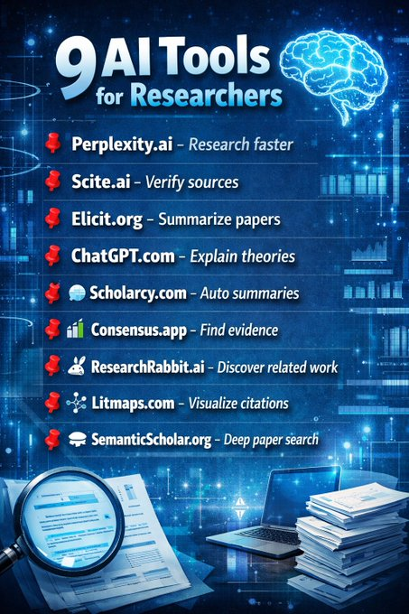 AIToolBrief's tweet photo. 9 AI Tools for Researchers 🧠

📌. https://t.co/t1uIfBov4q – research faster

📌. https://t.co/vTucCQZvsV – verify sources

📌. https://t.co/usvbeuCTal – summarize papers

📌.  https://t.co/sWBReleng9 – explain theories

📌. https://t.co/znmZE994P2 – auto summaries https://t.co/R6pMXYK5GV