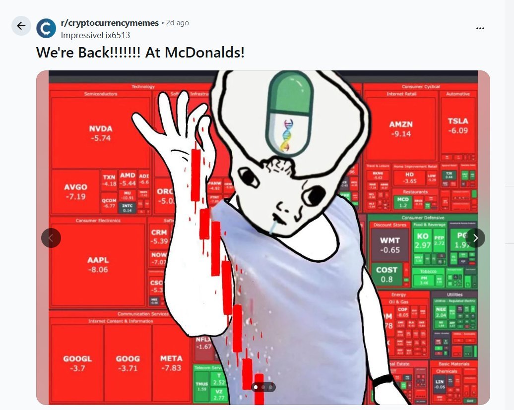 wigslop's tweet photo. Someone on the CryptoMeme subreddit posted a "Pumptard" taking a pump pill to cope with this brutal market dump 

Look at the replies - people are already making tons of edits, memes, and GIFs of the character 

We are literally pumptards
https://t.co/hydc8iwjGz https://t.co/vTQHM8gCNe