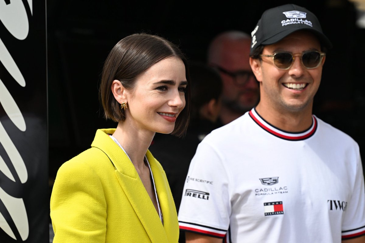 lilycollins_br's tweet photo. Lily Collins e o piloto Sergio Pérez da equipe Cadillac na F1, durante o dia de mídias do GP de Mônaco. 💛 https://t.co/9XAA2tQ76u