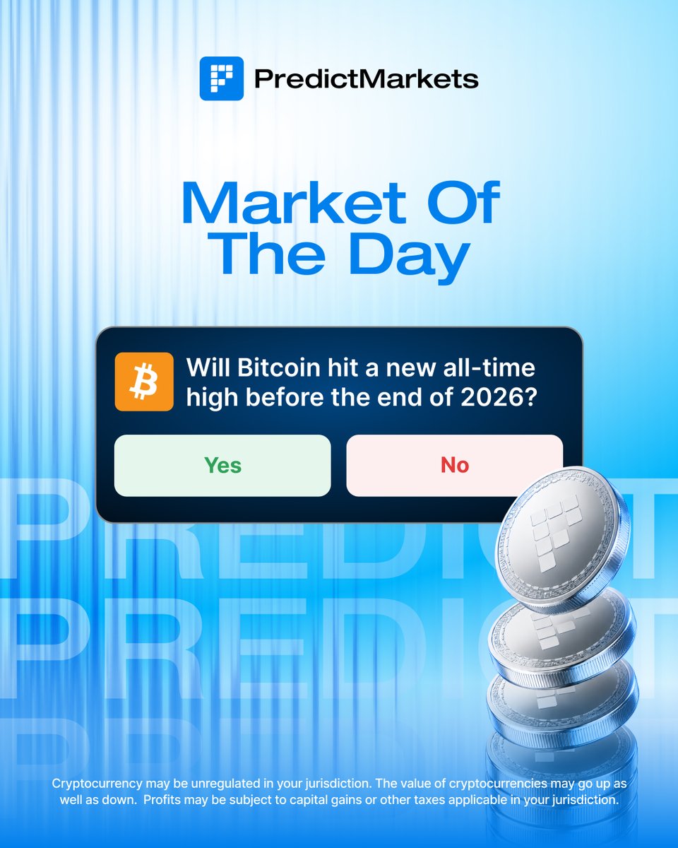 Prediction_eth's tweet photo. ⚖️ Market of the Day

Will Bitcoin hit a new all-time high before the end of 2026?

Yes or no?

Make your call 👇

#Crypto #Markets #Trading https://t.co/3A1mvCWZtR