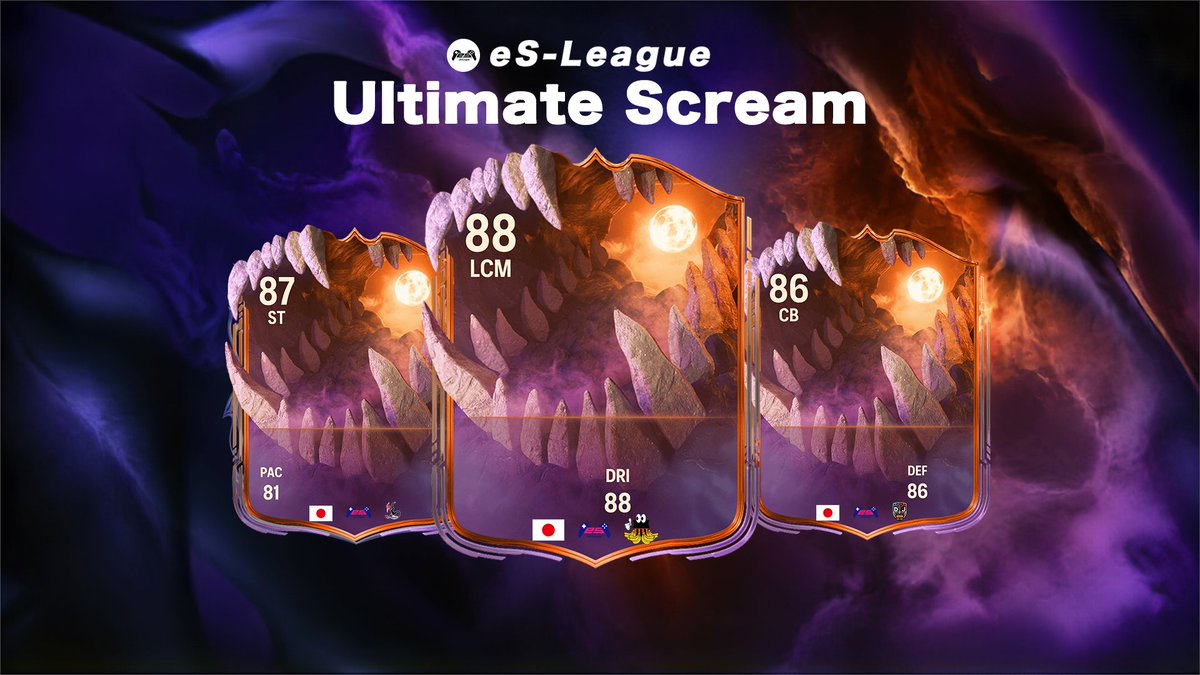 eS_League_Sport's tweet photo. 👹🎃NEW CARD登場🎃👹

Ultimate Scream

本来のポジションを飛び越え、
新たな役割でチームを支え続ける選手たちを選出🔥

eS-League18thで
初期設定ポジションとは異なるポジションで出場し、
継続して活躍を見せるプレイヤーたちに贈られる特別カード✨

常識を覆す挑戦者たちをチェックせよ👀⚽

#eSリーグ #FC26 #プロクラブ #Clubs #UltimateScream