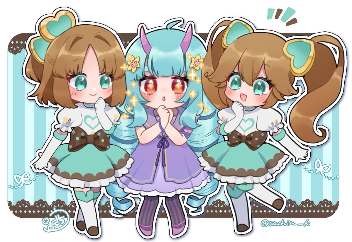 sachiu_k's tweet photo. チョコミントな2人に感動するデルミンちゃん🍫

久々にコンパスのお絵描きした
リリルルシーズンの報酬可愛いね〜 https://t.co/vYEDuvdcrj