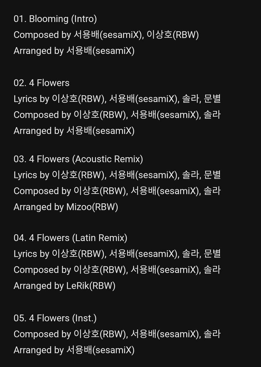 DragonKazoo77's tweet photo. #MAMAMOO Special Single [#4WARD] credits

Solar has 3 lyrics and 4 composition credits
MoonByul has 3 lyrics credits

'4 Flowers'

- Lyrics: Lee Sang-ho (RBW), Seo Yong-bae (sesamiX), Solar, MoonByul
- Composition: Lee Sangho (RBW), Seo Yongbae (sesamiX), Solar

#마마무 #4Flowers https://t.co/tiRMPH4Ak9