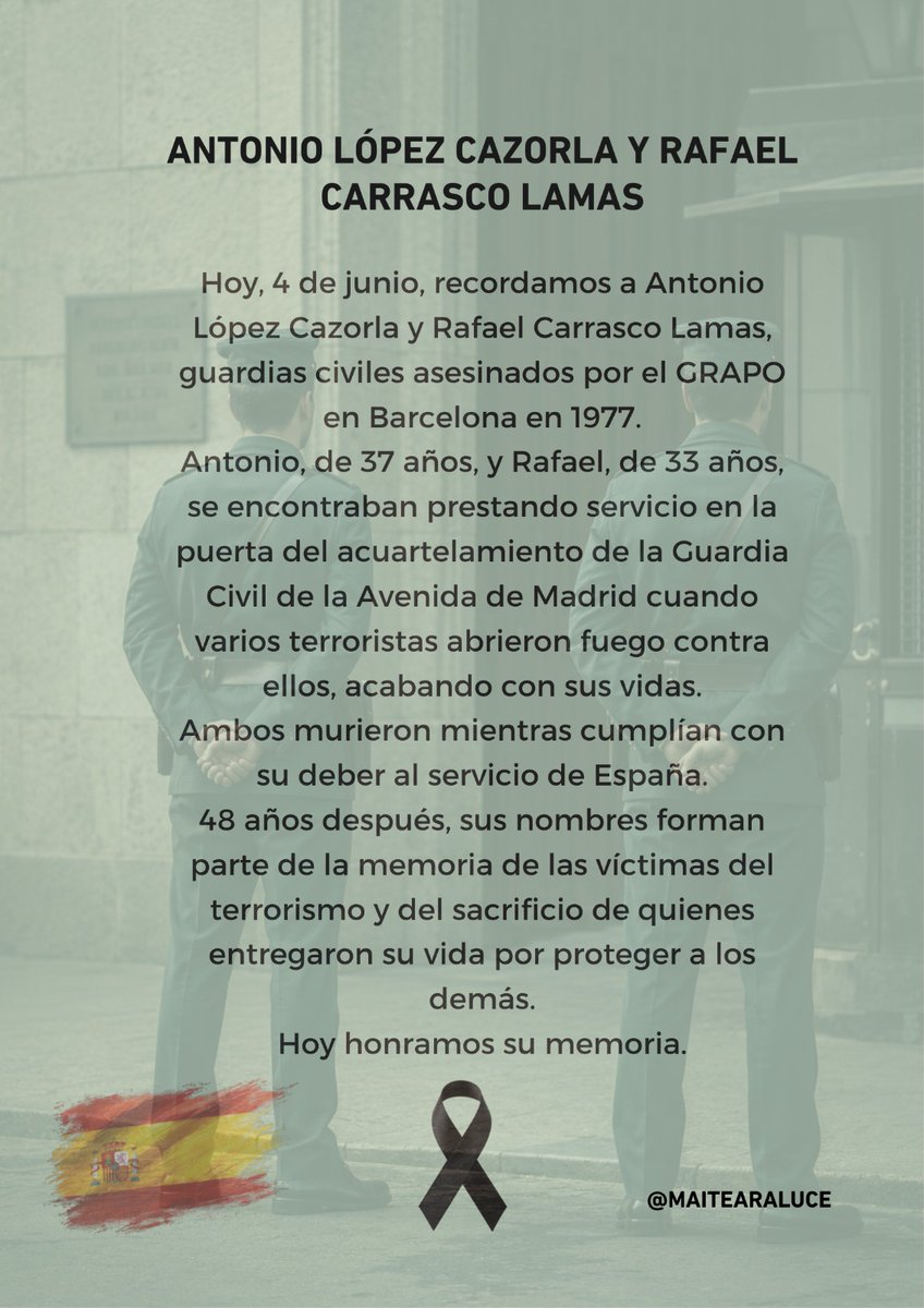maitearaluce's tweet photo. Hoy, 4 de junio, recordamos a Jesús María Pedrosa Urquiza, Casimiro González Reyes, Jesús Fernández Rodríguez, Antonio López Cazorla y Rafael Carrasco Lamas.

Sus nombres forman parte de la memoria de las víctimas del terrorismo

#Verdad #Memoria #Dignidad #Justicia #aniversario https://t.co/UwjZvlGrRT
