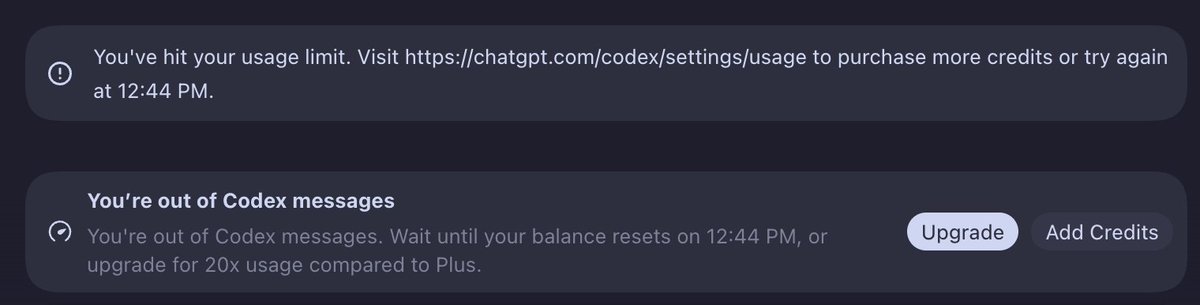 moebis's tweet photo. @thsottiaux Codex wasted my 5h quota trying to fix a bug it just made worse. When  I finally saw where it was getting confused and provided an extremely detailed approach and plan with screenshots only for it to say "You've hit your usage limit." ...yeah because you ran around in circles. https://t.co/lAfNJaIu7D