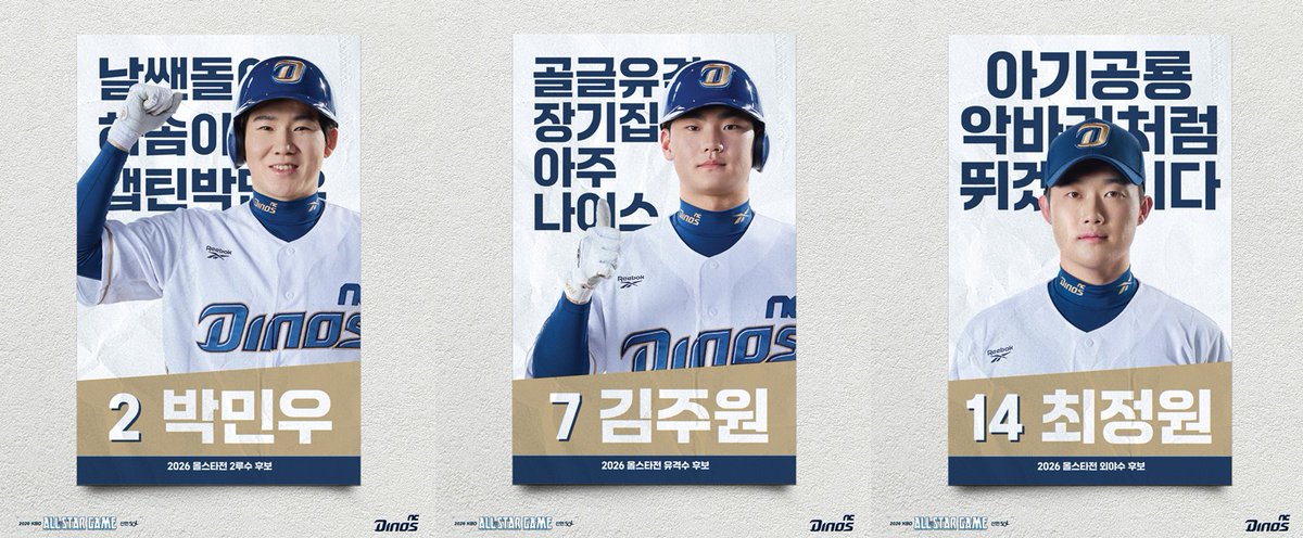 NCdinos_fan's tweet photo. 2026 신한SOL 올스타게임에 후보를 올린 우리 다이노스 선수들을 소개합니다.

투표 기간
- 2026년 6월 3일(수) 00시 ~ 2026년 6월 23일(화) 오후 2시

투표 안내
- ① KBO 홈페이지(PC 또는 모바일)
- ② KBO 공식 APP KBO 계정으로 2개 채널 1일 1회
- ③ 신한 SOL뱅크 APP 1일 1회 

#ncdinos https://t.co/RtBb4QRFVY