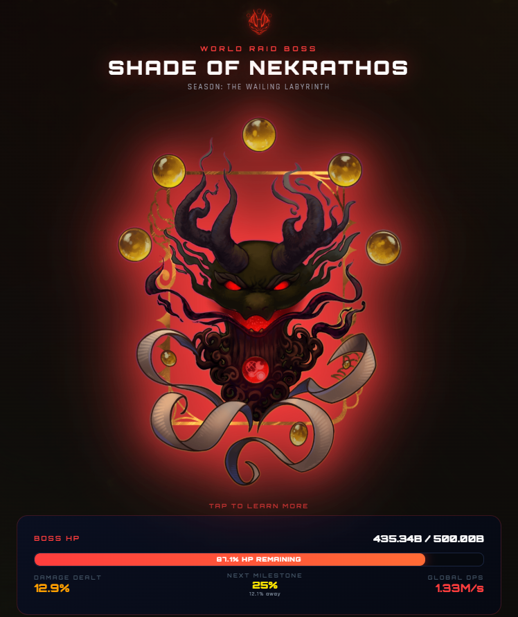 Moonlyght_eth's tweet photo. The community has inflicted 12.9% damage on the @OtherEggGenesis World Raid Boss so far!

The first community milestone reward unlocks at 25% total damage dealt.

Current community DPS: 1.33 million 🐉⚔️ https://t.co/E8nrlCyK0e