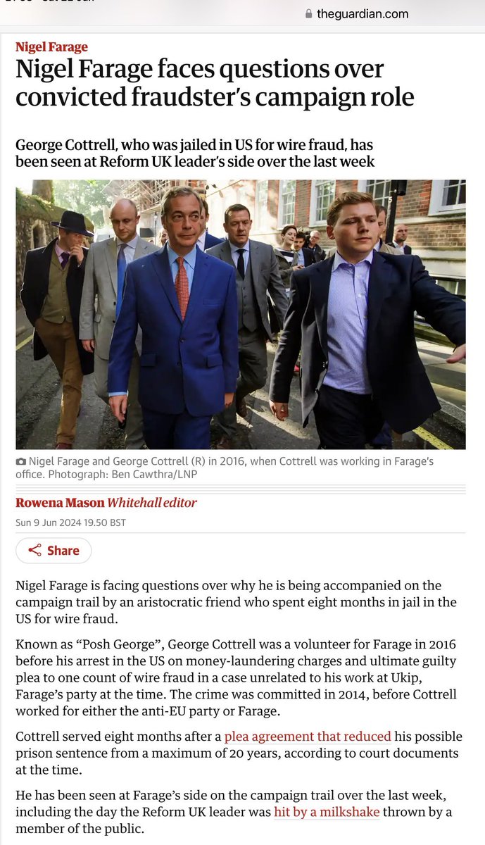 ddale0000's tweet photo. @JonathanPieNews Farage ‘advisor’, convicted money launderer, Posh George Cotterell is probably going to get that role. Cotterell’s mum has just donated £500.000 to Reform. https://t.co/XXs4hbLa9P