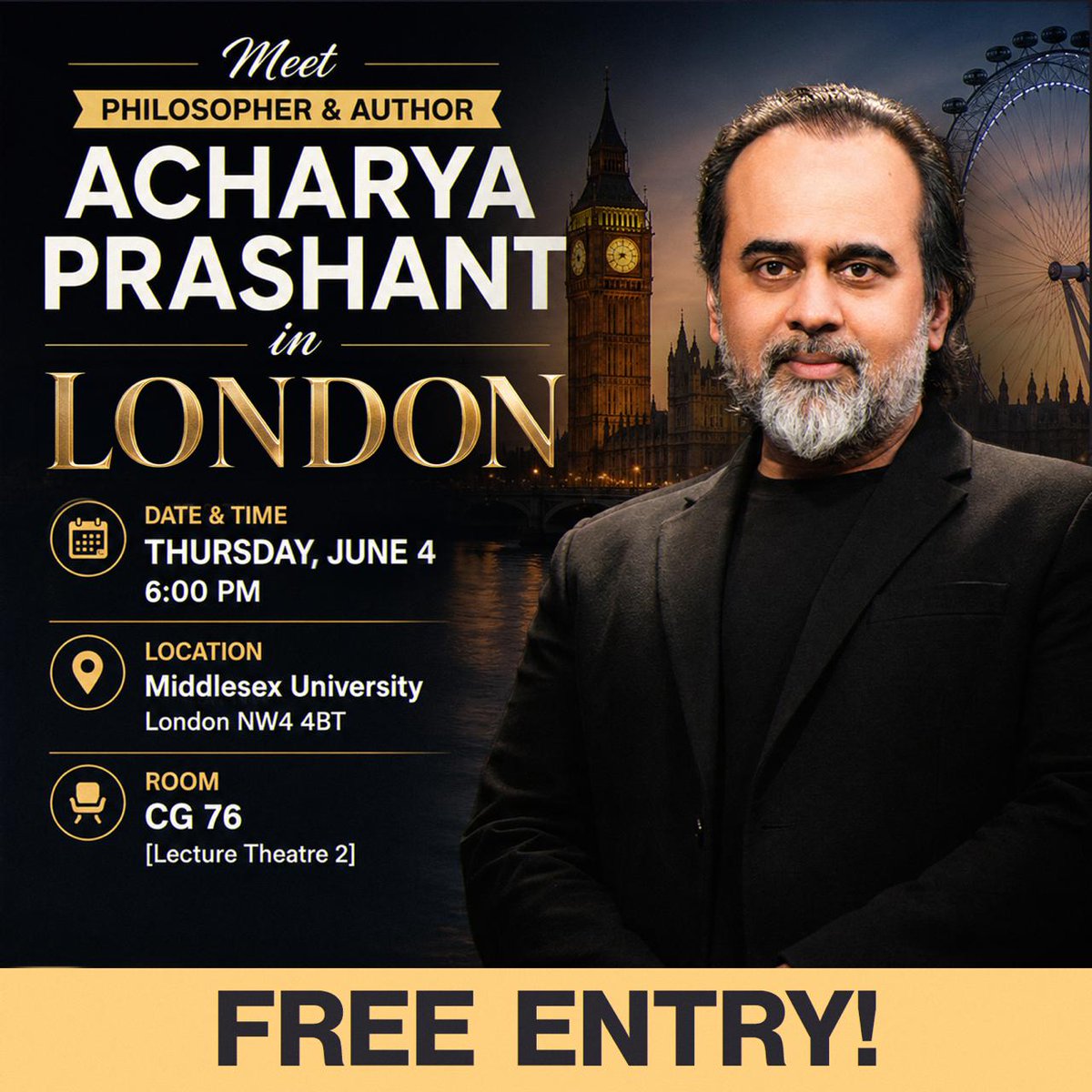 Prashant_Advait's tweet photo. Meet Acharya Prashant in London Today | Free Entry✨

🚨 Another golden opportunity to meet Acharya Prashant in London today. 🚨

Entry is completely free, and your family and friends are most welcome too!

Share this invitation with someone who may benefit from a little more clarity, understanding, and honest inquiry in life.

Some opportunities are best experienced together.

🗓️ Date: 4 June, Thursday
🕔 Time: 6:00 PM BST
📍 Venue: London (The session venue address will be updated shortly)

Seats are limited, so registration is required.

You can come and register directly: there is no need to wait for any confirmation.

Register here: https://t.co/LCpfI0kURs
