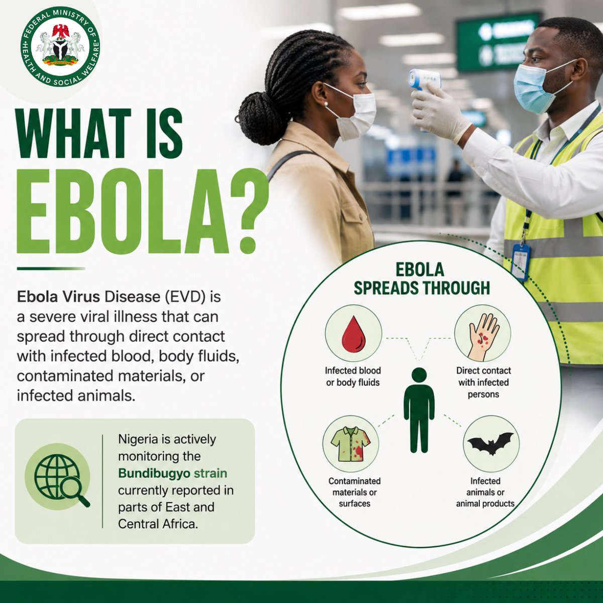 Fmohnigeria's tweet photo. Ebola preparedness starts with awareness.

Nigeria currently has no confirmed case of Ebola Virus Disease (EVD). However, the Federal Government continues to strengthen surveillance, preparedness, and response measures nationwide to protect public health and safeguard our borders.

Swipe through to learn:
✔ What Ebola is
✔ How it spreads
✔ Symptoms to watch for
✔ What Government is doing
✔ How to protect yourself

For official preparedness protocols, public health advisories, and verified updates, visit:
🌐 https://t.co/SLstg7ys9X

Stay informed. Stay vigilant. Rely on verified information.

#EbolaPreparedness  #PublicHealth  #HealthSecurity #MinistryOfHealthNG