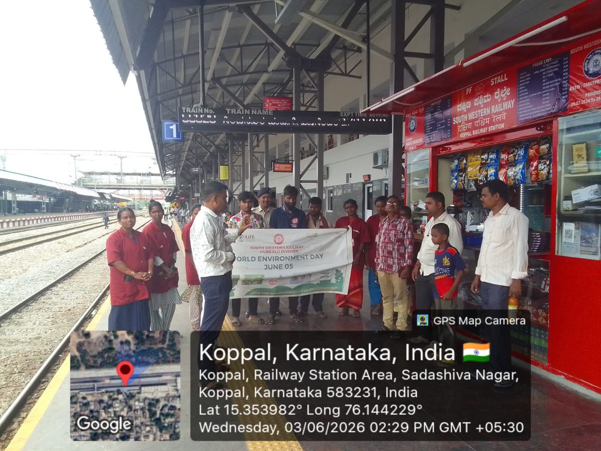 SWRRLY's tweet photo. As part of the #WorldEnvironmentDay2026 campaign  awareness programmes on water conservation and sustainable living were conducted at Vijayapura, Hosapete, and Koppal stations. Passengers were sensitized through public announcements on the importance of responsible water usage. https://t.co/eNADjrIaDB