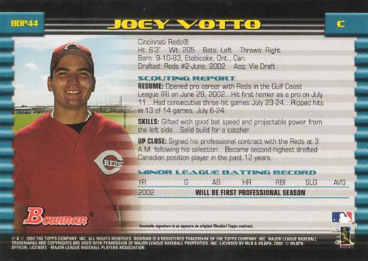 coopincanada's tweet photo. #OTD 24 years ago, the Cincinnati Reds selected a promising young catcher named Joey Votto (Etobicoke, Ont.) with their second round pick (44th overall) in the MLB draft.

Yes, Votto was drafted as a catcher. See 2002 Bowman card back below. https://t.co/mQx8AHUF7R