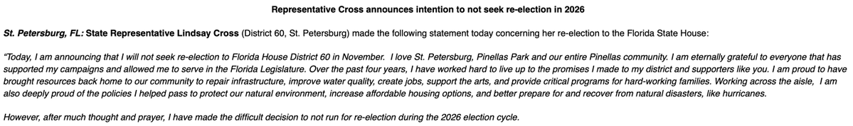 MitchPerry18's tweet photo. #StPetersburg based Democratic state Rep @LindsayCrossFL says she won't run for re-election this year, saying "after much thought and prayer, I have made the difficult decision to not run for re-election during the 2026 election cycle." https://t.co/iGGiY9nVKt