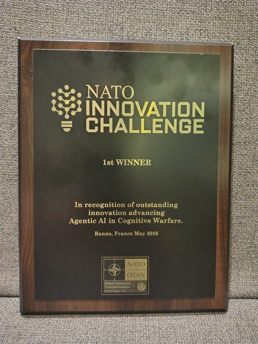 cohere's tweet photo. Proud to announce that Cohere has been awarded first place in NATO’s Agentic AI for Cognitive Warfare Innovation Challenge.

Congratulations to our fellow finalists: OpenMinds, which secured second place, and Ipsos and Thoughtworks, which shared third.

The competition highlighted the growing role of agentic AI in helping democratic nations understand, anticipate and respond to information threats. We're honoured to have our work recognised by NATO and proud to be contributing technology that strengthens decision-making and resilience across the Alliance.