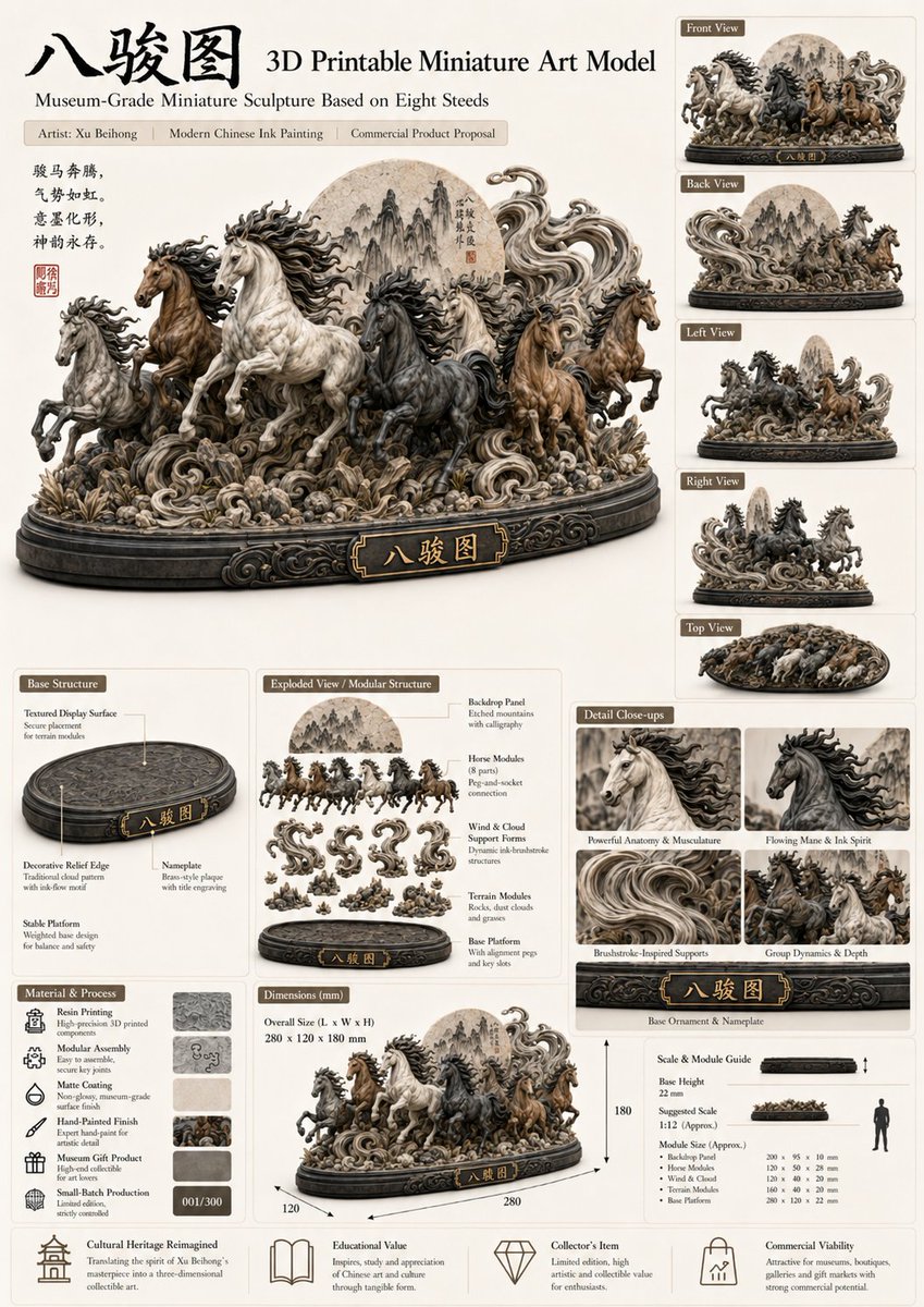 Stellakjbk's tweet photo. 之前我做过一个将世界名画做成3D微缩模型，现在我将中国画作做成了微缩模型，非常适合3D打印，分别是《清明上河图》《八骏图》《唐宫仕女图》《洛神赋图》。个人觉得中国画效果更好一些，提示词在引用推。 https://t.co/hxHyq8TfTu