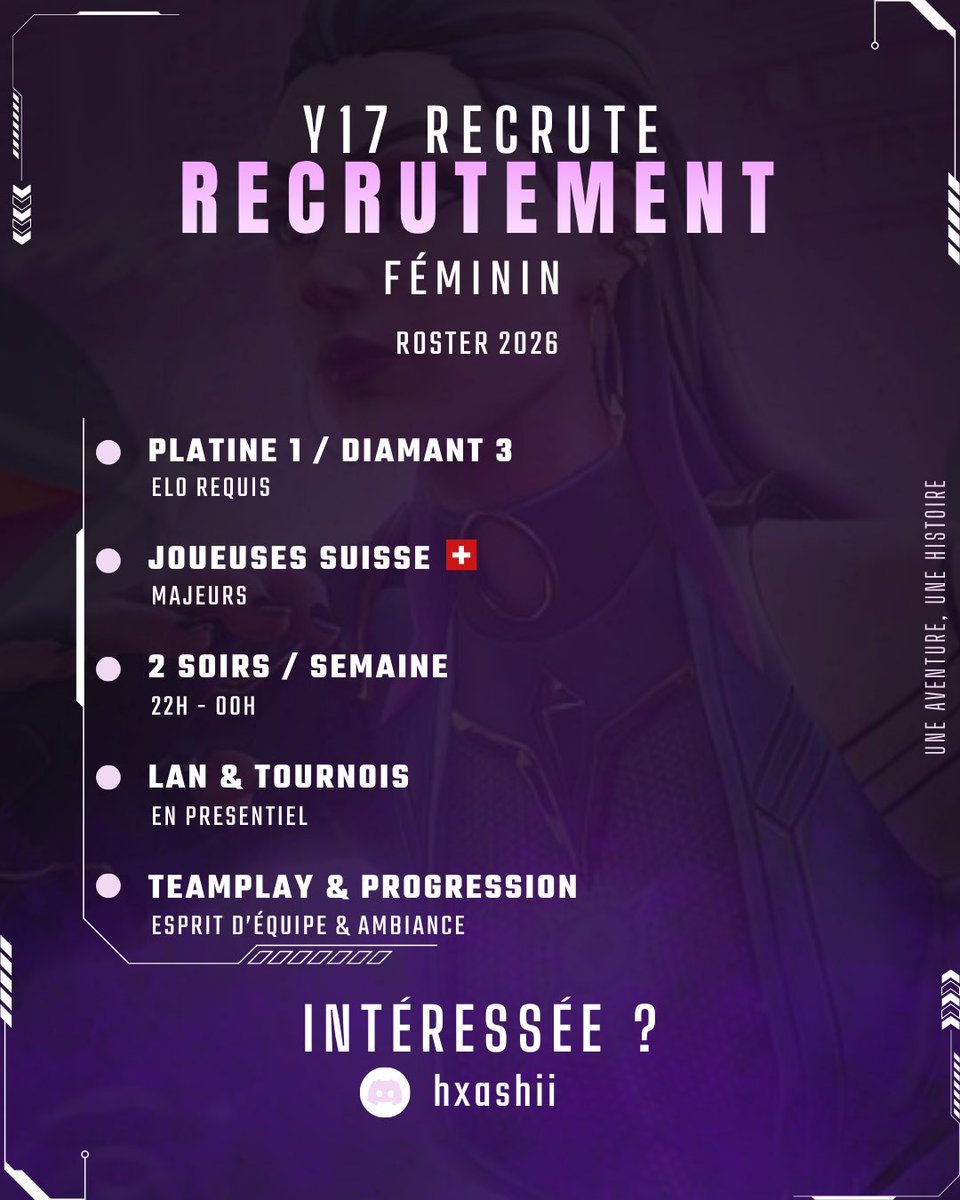 Y17Esport's tweet photo. 🚨 Y17 Féminine recrute ! 🚨

🇨🇭 Joueuses suisses majeures
🎯 Platine 1 ➜ Diamant 3
📅 2 soirs/semaine (22h-00h)
🏆 LANs &amp; tournois

📩 MP hxashii

#Valorant #ValorantFR #GameChangers #ValorantCH #Esport #LFT #RecruitmentFeminin https://t.co/yWoQHertMl