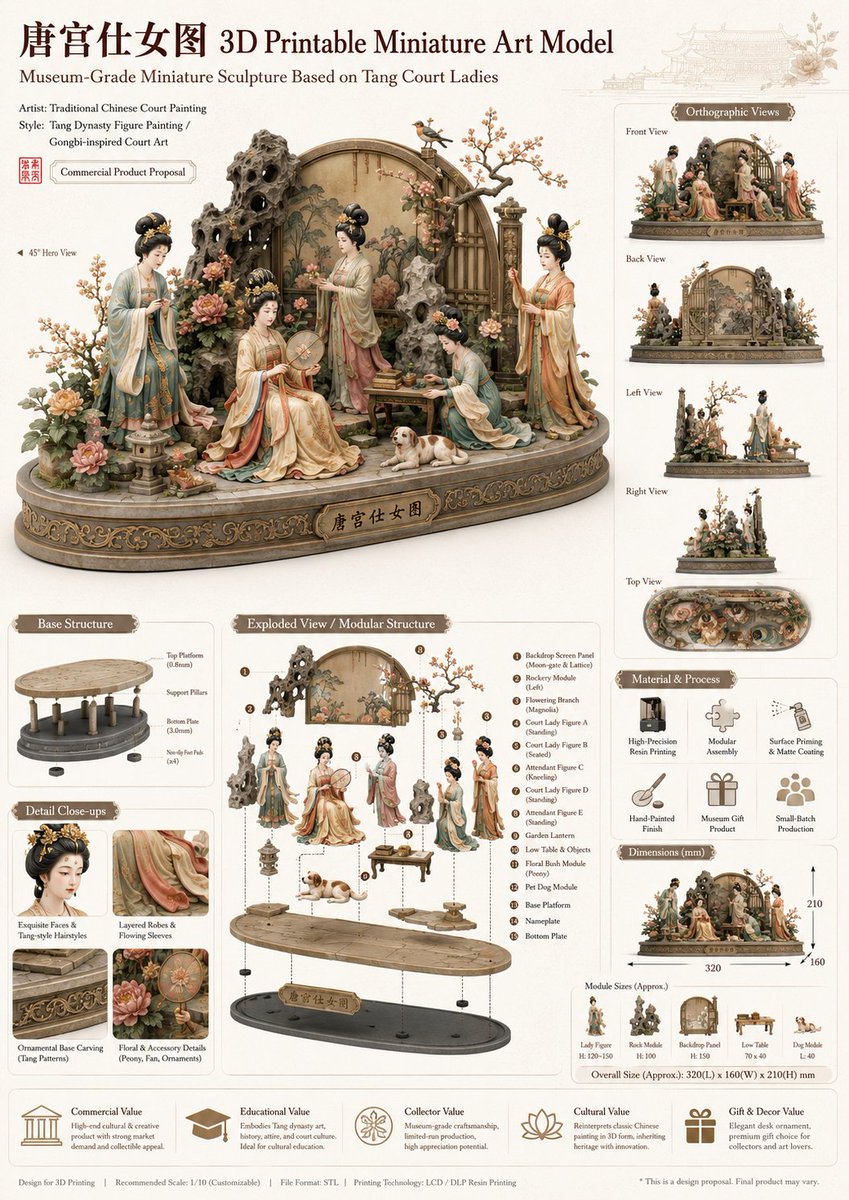 Stellakjbk's tweet photo. 之前我做过一个将世界名画做成3D微缩模型，现在我将中国画作做成了微缩模型，非常适合3D打印，分别是《清明上河图》《八骏图》《唐宫仕女图》《洛神赋图》。个人觉得中国画效果更好一些，提示词在引用推。 https://t.co/hxHyq8TfTu