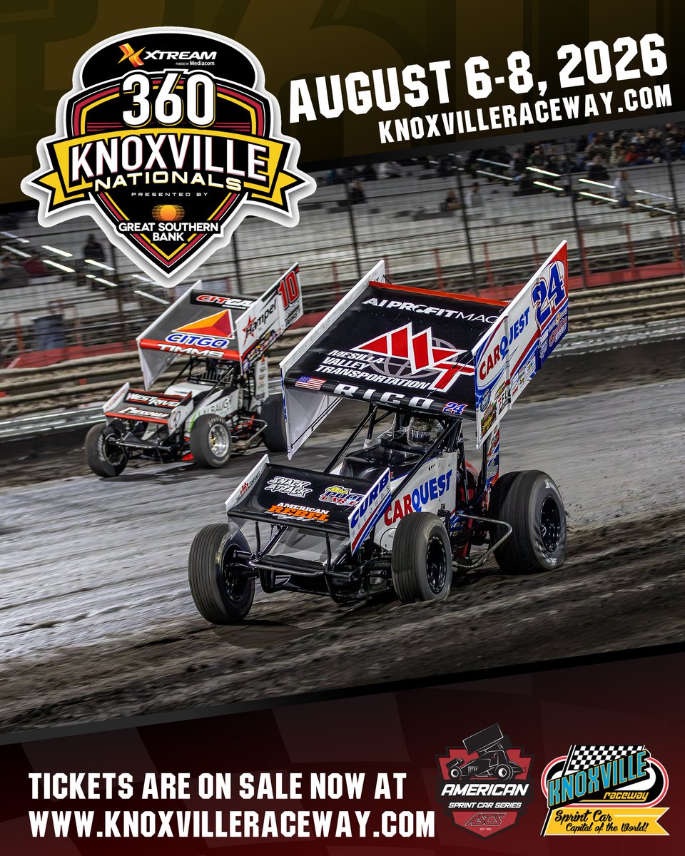 knoxvilleraces's tweet photo. Countdown: NINE WEEKS until the 36th annual Xtream powered by @MediacomCable 360 Knoxville Nationals presented by @Great_Southern Bank!

360 Sprint Cars biggest event of the season! $20,000 TO WIN plus $500 bonus per lap for a possible chance to win $35,000!!!

🎟https://t.co/cfDKRAMyHO

#Xtream360Nats
@ASCSRacing