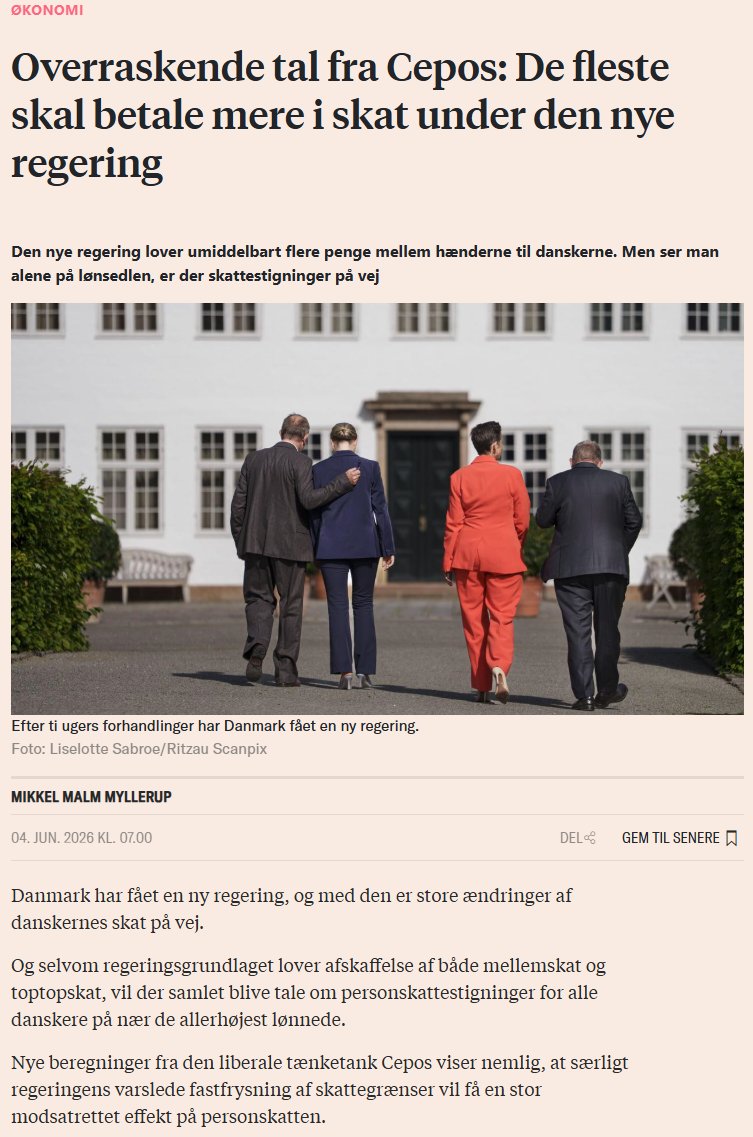 jesbc's tweet photo. Det er ikke den fortælling, som den nye regering forsøger sig med i de her dage. Realiteten er desværre skattestigninger for de fleste danskere.

Der er fortsat en række ubekendte, herunder timingen af deres tiltag. Derfor er det med vis usikkerhed.

Men den 'skattelettelse', som regeringen turnerer med, skal løses gennem den måske mindst kloge model af alle - differentieret moms til 18 mia. kr. En super kluntet og uhensigtsmæssig måde at løse ambitionen om en bedre hverdagsøkonomi for danskerne. For 14,5 mia. kr. kunne de i stedet fjerne toptop-, top- og mellemskatten helt.  

Der er ikke en eneste økonom i det her Kongerige, der anbefaler den model. Jeg er også overbevist om at de dygtige økonomer i Finans-, Skatte- og Økonomiministerierne slår knuder på sig selv og tungen.

Faktum er desværre, at vi har en regering, der i sin iver for at give danskerne mere luft i økonomien, så checks fremover ikke skal være løsningen, kommer til at skabe et monster af en papirtiger. Så forstår man også bedre, at de ingen ambitioner har for at reducere i administrative medarbejdere i staten.