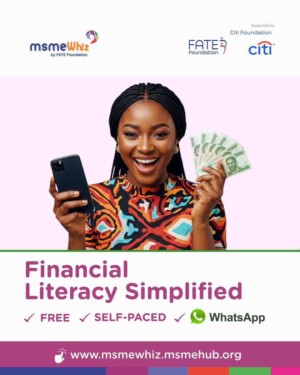 MsmeHub's tweet photo. Ready to take control of your money and make every naira count? It’s time to simplify your finances, make smarter decisions, and build a system that truly works for you.

Our “Financial Literacy Simplified” course breaks down money management into practical, easy-to-understand steps—so you can gain confidence and clarity in your financial journey.

✅ Understand the basics of managing your money effectively
✅ Learn how to plan, save, and spend wisely
✅ Build strong financial habits that last

It’s FREE, self-paced, and delivered right on WhatsApp!

Visit https://t.co/rKNySQmaKr to get started!

#msmeHub