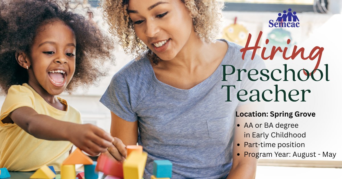 Semcac's tweet photo. 🌟 Now Hiring: Part-time Head Start Teacher in Spring Grove, MN 🌟
Are you passionate about helping young children learn, grow, and thrive? Join our Head Start team and make a lasting impact on children and families in your community!
📢 Apply Today!  https://t.co/SRLciqvt5Z https://t.co/gbf2aOzp4b