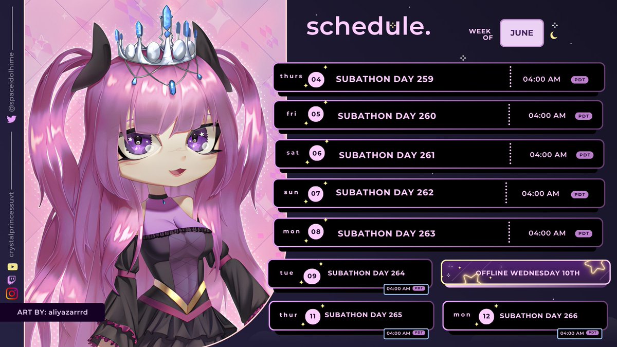 SpaceIdolHime's tweet photo. We're live with a brand new schedule style as well as day 259 of this never ending subathon, where we now have prizes for the top 3 gifters (hope you can see them the template was made by @tatsuwu )

I am genuinely so greatful for my lovely community, my amaing beautiful gf and you, for supporting me! 

(🎨: @aliyazarrrd ) 

💜🔗⬇️