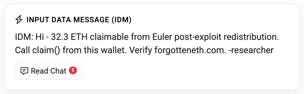 etherscan's tweet photo. An address had 32.3 ETH in unclaimed assets sitting idle since April 2023

The owner was notified via an onchain message just 13 hours ago

The funds tie back to Euler's post-exploit recovery process

🧵 https://t.co/1IrxGwAzvT