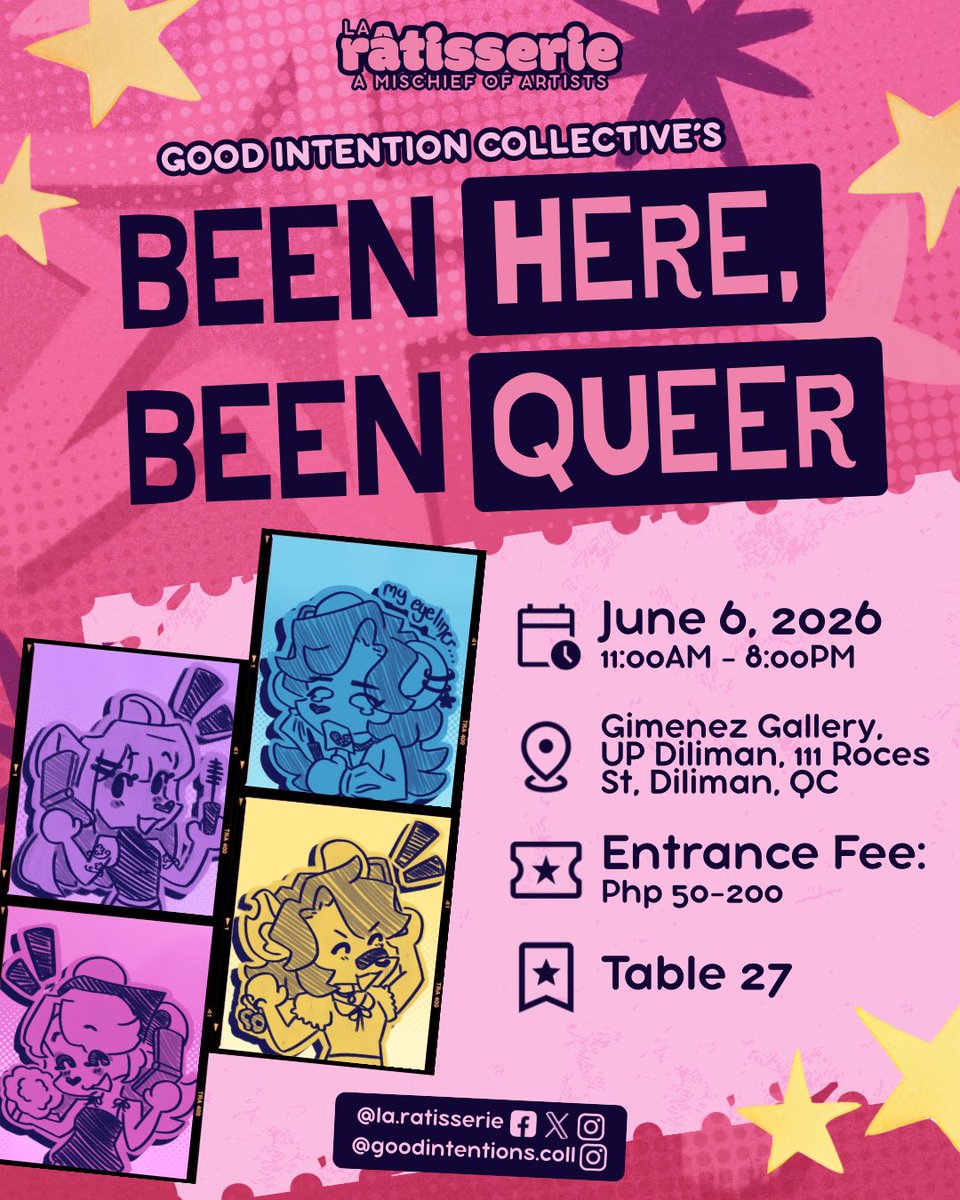 la_ratisserie's tweet photo. Ratisserie will be serving looks (and also artworks and accessories!) in the Been Here, Been Queer event this weekend! 🫣✨🌟

📆June 6, 2026(11:00 AM - 8:00 PM)
📍Gimenez Gallary, UP Diliman, 111 Roces St. Diliman, QC
🎟️Entrance Fee: Php 50-200
⭐️ Table 27 https://t.co/MKboePBzWk