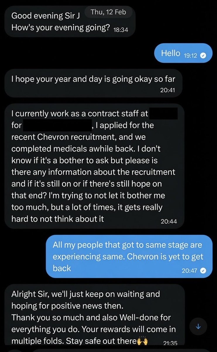 SirJarus's tweet photo. One of my followers here just bagged Chevron.

Things I love to hear! 

Many people will still mot believe people het top jobs like this without knowing anyone. https://t.co/YJ2cFmJCuW