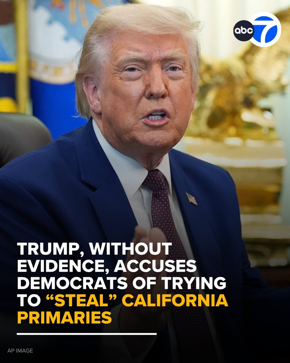ABC7's tweet photo. President Donald Trump, without evidence, is accusing Democrats of trying to "steal" the California gubernatorial and Los Angeles mayoral primaries.

He first called out the use of mail-in ballots in a post on Truth Social. In a follow-up post, he accused Democrats of holding up the vote tallying - claims that are currently without merit. He also claimed that the vote is "under investigation" by the U.S. Attorney's Office in Los Angeles, another claim that is currently unsubstantiated. https://t.co/31tIqCgyai