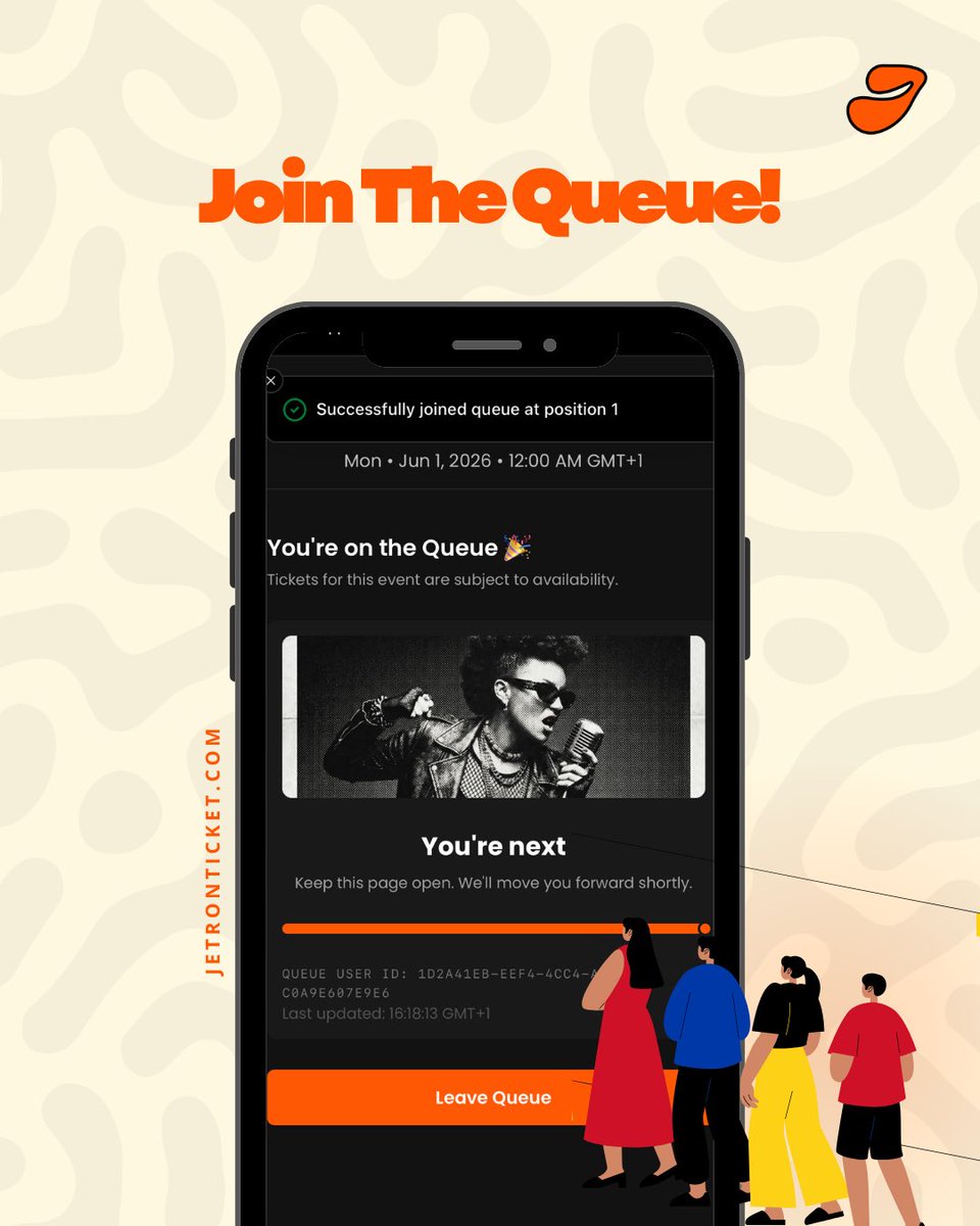 jetronticketng's tweet photo. Event hosts, think of it as a professional digital bouncer. When there’s an influx of purchases on your tickets, which could possibly crash the website, the Queueing System lets buyers in at a steady pace. Your site stays online, payments process perfectly, and bots get blocked!
And for ticket buyers, no more hitting “refresh” 50 times or seeing error screens. You get a clear spot in line with a live countdown timer. Once it’s your turn, your tickets are locked in so you can check out calmly without losing your ticket! 
Pretty cool huh? 🙂‍↔️🧡