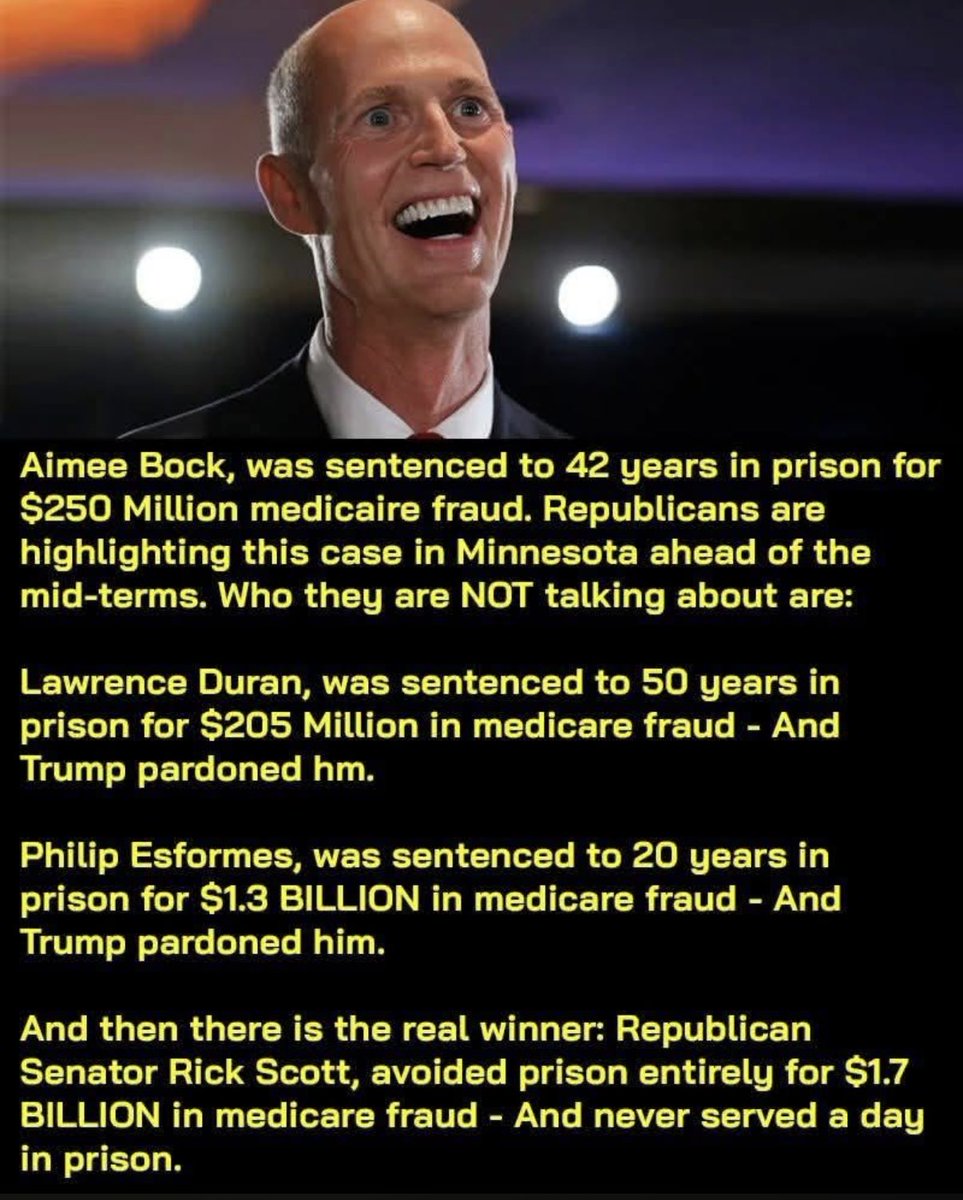 AnnieForTruth's tweet photo. Slimy Rick Scott was involved in the largest Medicare fraud in U.S. history and NEVER spent a day in jail. 😡 https://t.co/fZYL5JHkIs