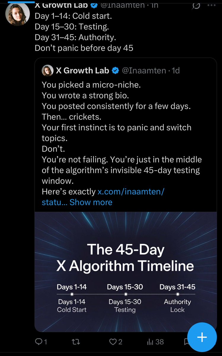 Inaamten's tweet photo. Ghosting the algorithm for just 24 hours hits harder than you’d think.😱

My X Growth Lab had its worst impression day in a while yesterday. Not sharing this to look perfect just being real with the numbers and the dumb mistakes I made so you don’t repeat them.

Thread below 👇 https://t.co/AdPuzcvuIF