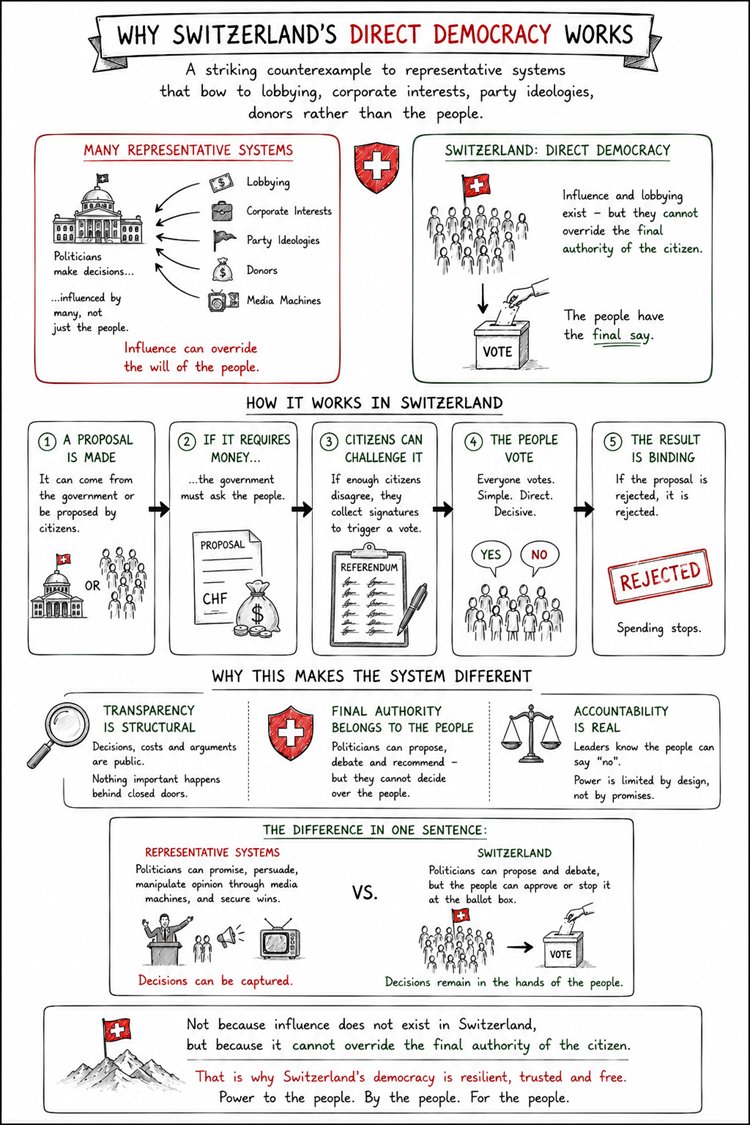 DirectDemToday's tweet photo. ❓How much influence do lobbying groups, corporate interests, party ideologies, biases, and political donors have compared to the citizens elected officials are meant to represent?

🛡️Here’s an illustrative example of how Switzerland’s system of #DirectDemocracy can better limit the influence of lobbying groups, corporate interests, party ideologies, biases, and major donors—helping keep political power in the hands of ordinary citizens rather than concentrated interests.