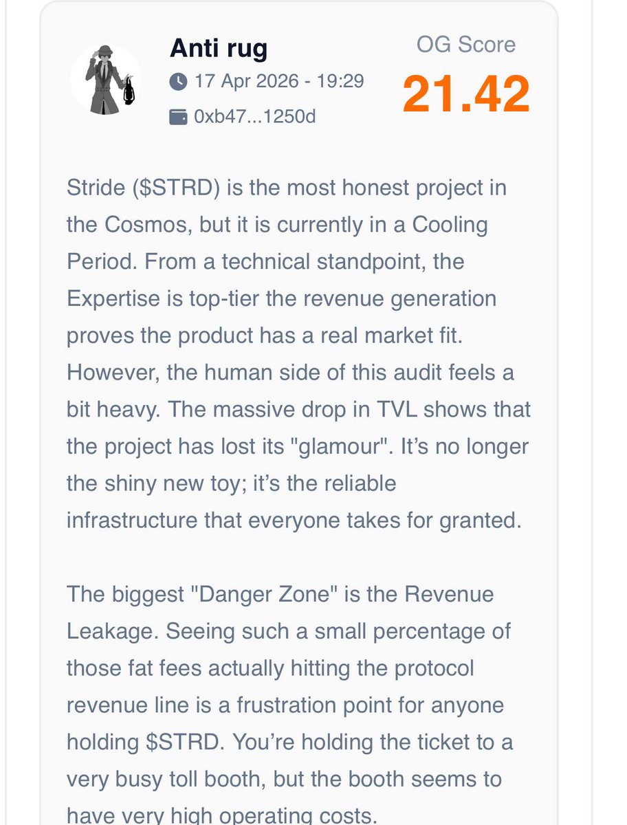 OGAudit's tweet photo. Spotlighting our expert reviews on: @stride_zone

Our OG expert reviewers note that Stride $STRD remains one of the more functional Cosmos era projects with real liquid staking utility, active integrations and ongoing revenue generation but collapsing market value, weak liquidity, exchange delistings and concerns around limited value capture for token holders continue to weigh heavily on sentiment.

Can Stride regain momentum alongside Cosmos growth or will strong utility alone fail to revive demand for STRD?

More on the OG audit review and the project info here: ogaudit(.)com/crypto/stride-strd
https://t.co/LhBJAgUmq8