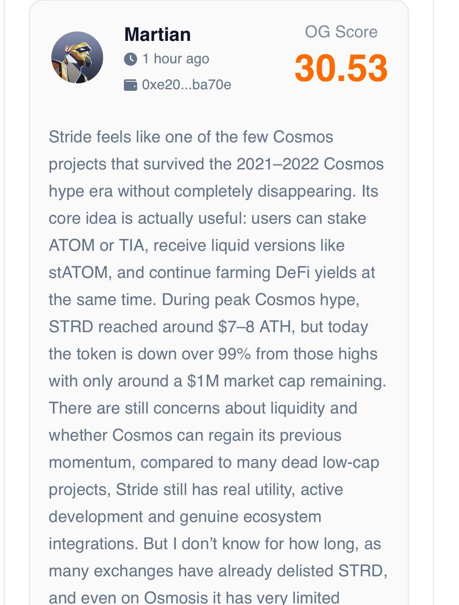 OGAudit's tweet photo. Spotlighting our expert reviews on: @stride_zone

Our OG expert reviewers note that Stride $STRD remains one of the more functional Cosmos era projects with real liquid staking utility, active integrations and ongoing revenue generation but collapsing market value, weak liquidity, exchange delistings and concerns around limited value capture for token holders continue to weigh heavily on sentiment.

Can Stride regain momentum alongside Cosmos growth or will strong utility alone fail to revive demand for STRD?

More on the OG audit review and the project info here: ogaudit(.)com/crypto/stride-strd
https://t.co/LhBJAgUmq8