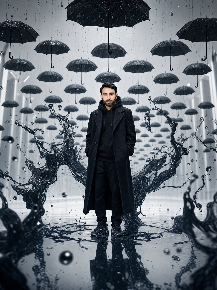 Surreal Man in Black Rain Room