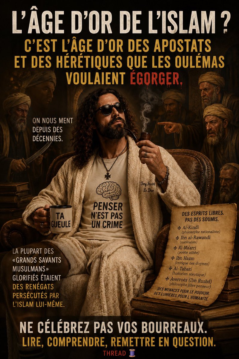 TonyTruant01's tweet photo. L’ÂGE D’OR DE L’ISLAM ?

C’EST L’ÂGE D’OR DES APOSTATS ET DES HÉRÉTIQUES QUE LES OULÉMAS VOULAIENT ÉGORGER.

On nous ment depuis des décennies.
La plupart des « grands savants musulmans » glorifiés étaient des renégats persécutés par l’islam lui-même.

Thread qui démonte le mythe. 🧵