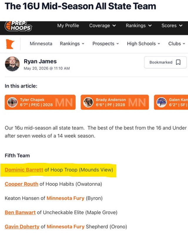 DomBarrett15's tweet photo. Thanks for the recognition and appreciate all the efforts of the Prep Hoops staff watching and writing about Hoop Troop, Mounds View and MN Basketball teams  @PrepHoops @RyanJamesMN @NorthstarHoops #MNBasketball https://t.co/2mQLRAhsFC