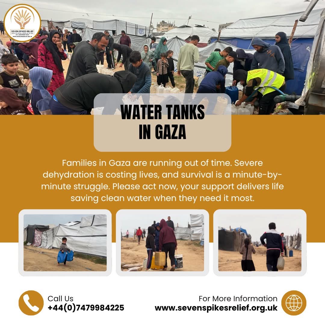7Spikes_Relief's tweet photo. Thousands in Gaza’s camps rely on our clean water, but overwhelming demand means supplies vanish in hours.

​Your donation funds daily refills to keep families hydrated. Give the gift of life. 💧

​Donate: https://t.co/cBUU02vHBt

#Gaza #WaterRelief https://t.co/E7DT1rWa6N