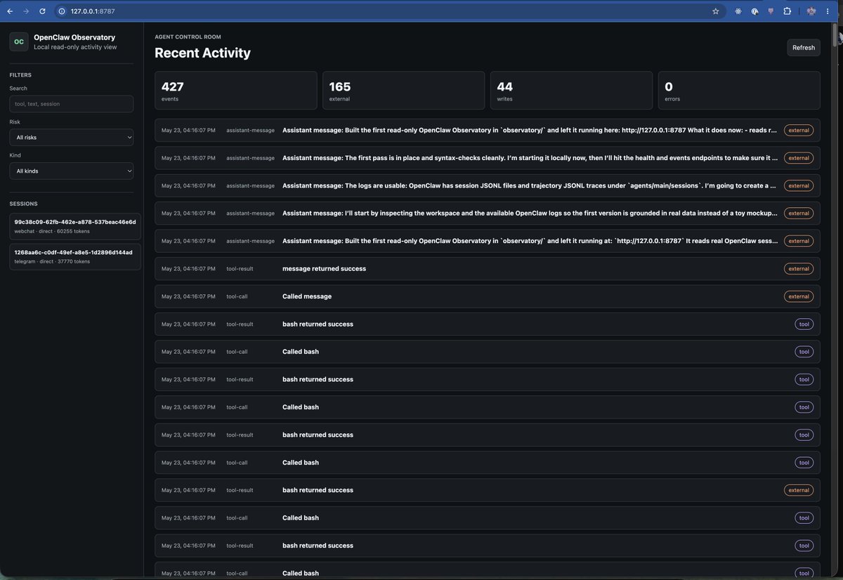 shakker's tweet photo. Built a local-first OpenClaw Observatory with CodexClaw.                                               
                                                                                                       
It shows what my personal AI agents are doing: tool calls, messages, traces, file/memory touches, and  
risk labels.                                                                                           
                                                                                                       
Because “trust me bro” is not an observability strategy.                                               
                                                                                                       
Watch the agent. Audit the magic.