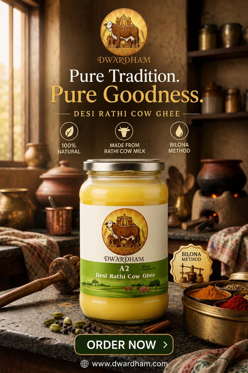 dwardham's tweet photo. 🌿 DWARDHAM A2 Desi Rathi Cow Ghee 🐄✨
Purity, tradition, and nutrition in every spoon. Made with the authentic Bilona method from desi Rathi cow milk for a rich taste and natural goodness.

✅ 100% Natural
✅ Bilona Method
✅ Pure Desi ghee

#Dwardham https://t.co/znZnbOTycD