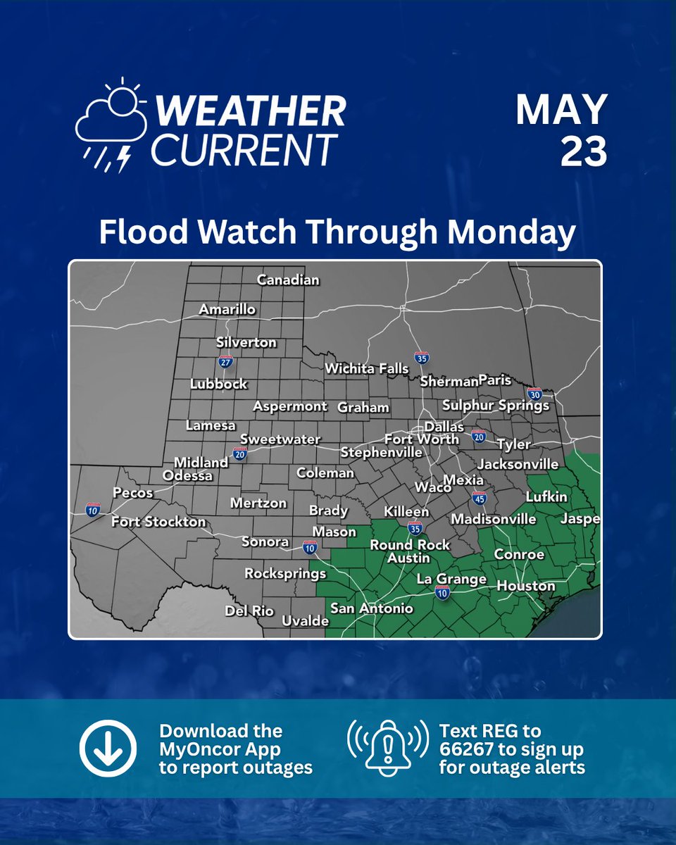 oncor's tweet photo. ⚠️🌧️ A Flood Watch is in effect through Monday for parts of Central, East &amp; South Texas. 

Additional rounds of heavy rain are expected over the weekend, which may lead to flooding in some areas. Storms may also produce frequent lightning and gusty winds. https://t.co/BLdeack4qi
