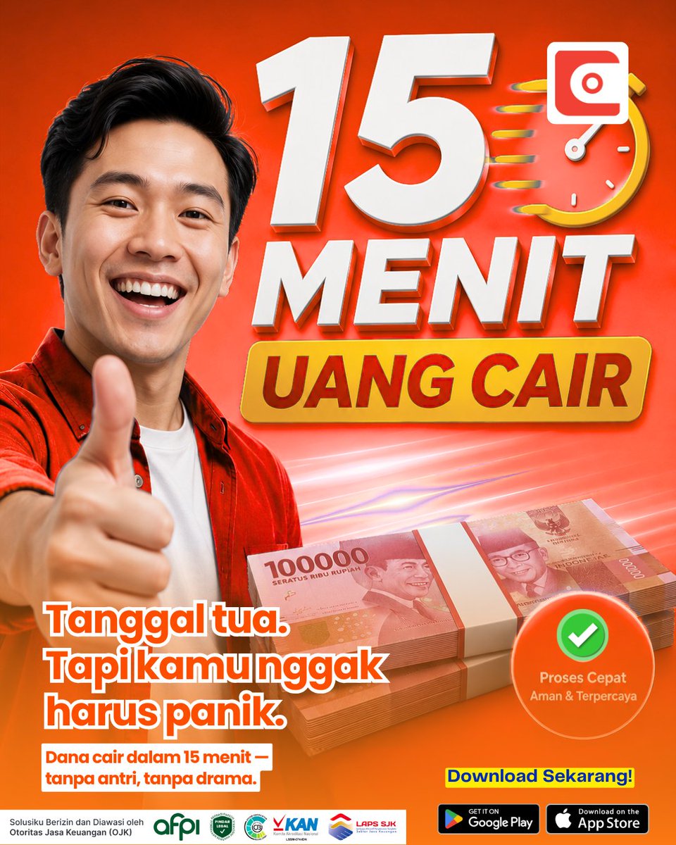 Solusiku_id's tweet photo. Tanggal tua bukan berarti harus panik. 
Tagihan numpuk, dompet kosong, gaji masih lama — kita semua pernah ada di posisi itu.

Tapi sekarang ada solusinya!
✅ Dana cair dalam 15 MENIT 
✅ Tanpa antri, tanpa drama 
✅ Proses cepat, aman & terpercaya
✅ Berizin & diawasi OJK
Nggak perlu stres nunggu lama. 

Cukup download Solusiku, ajukan pinjaman, dan uangmu langsung cair! 

#LangkahSolusiku #Fintech #PartnerFinancialMu #Pindar #Solusiku #PinjamanAman