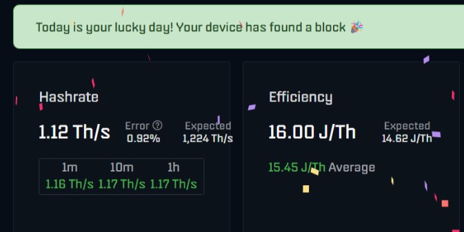 Dezaxe's tweet photo. Day 4 with my Bitaxe Gamma and NerdQAxe++ from AliExpress.    

I was testing yesterday with the Bitaxe Gamma and trying to mine other coins using the SHA256 algorithm and, while testing, my Bitaxe Gamma found a $XEC @eCash block 😂🥳 ( NFA )   

Since My Bitaxe Gamma from AliExpress seems to be lucky, it will therefore remain configured to mine $BTC in solo mining mode ⛏️

Otherwise, both devices are working perfectly, I continue to monitor 👁️