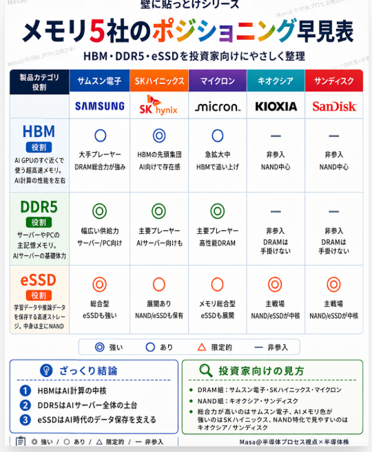 semicon_eng1's tweet photo. 【壁に貼っとけシリーズ】
AI時代のメモリを見る時、初心者がまず混乱しやすいのは、

HBM
DDR5
eSSD

が全部「メモリ」と呼ばれることです。
でも、役割はかなり違います。

HBM＝AI計算の高速道路
DDR5＝サーバーの作業机
eSSD＝データ保存の倉庫

まずはこの整理で十分です。

関連銘柄：
サムスン電子、SKハイニックス、マイクロン、キオクシア、サンディスク