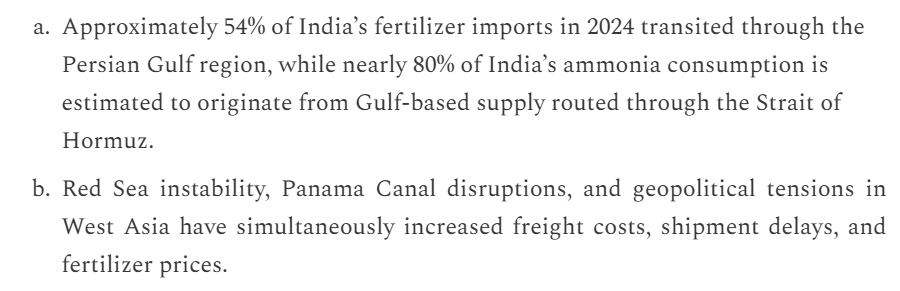 NFPRC_Ind's tweet photo. ➡️Nearly 54% of India’s fertiliser imports in 2024 transited through the Persian Gulf region, while close to 80% of ammonia consumption remains linked to Gulf-based supply routes through the Strait of Hormuz.

With Red Sea disruptions and wider geopolitical tensions affecting freight and input costs, supply-chain resilience is becoming increasingly important for India’s agricultural economy.

Read the our latest analysis here: 
https://t.co/xS7lZhUo0C